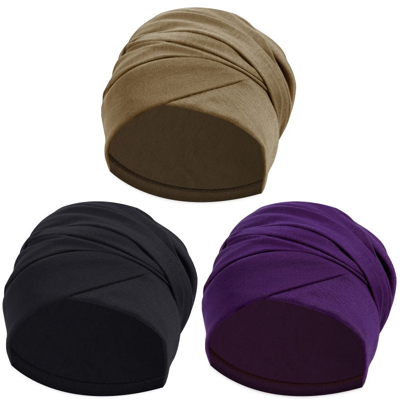 Ever Fairy Turban Head Wrap Scarf,African Women' Soft Long Scarf Shawl Hair Bohemian Headwrap Stretch Headband Tie (Set C-Purple+Khaki+Black) - Image 1